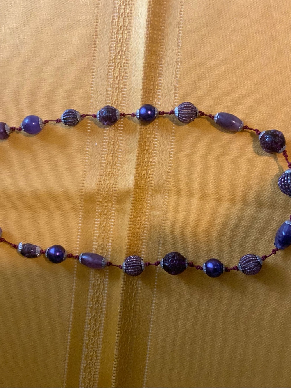 Vintage Purple Mixed Bead Knotted Necklace Carved Amethyst Tone Glass Pearl